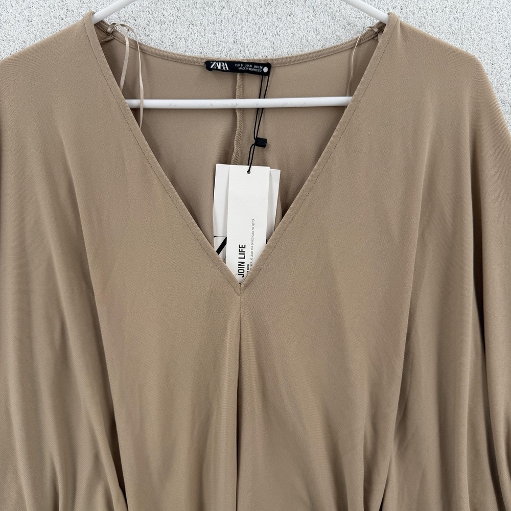 ZARA Dress Womens Small Beige V Neck Maxi Dolman Stretch Join Life NWT - Picture 3 of 9
